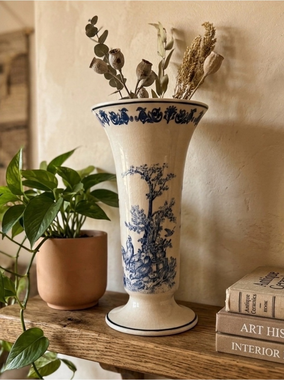 Vintage Blue Transferware Toile Trumpet Vase